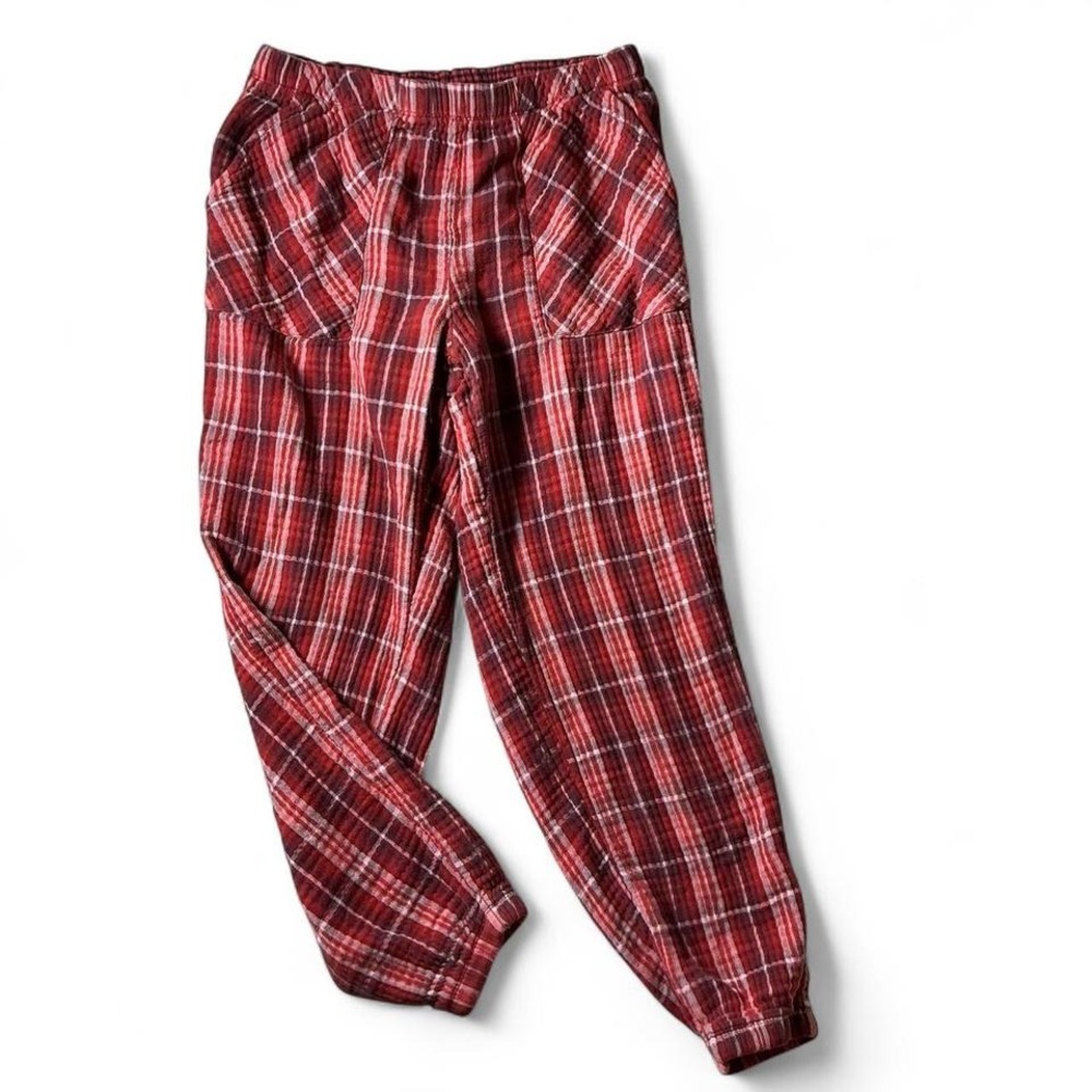Aerie Lounge Pants Small Red Plaid High Rise‎ Elastic Waist Comfy Casual